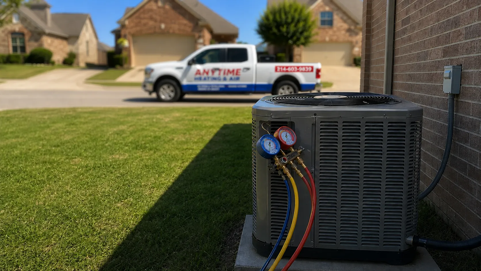 Anytime Heating & Air service truck parked in an Aubrey driveway next to a customer's outdoor AC condenser unit